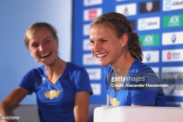Anna Hahner attends with her sister Lisa Hahner a kids press conference at Hotel InterContinental Berlin ahead of the BMW Berlin Marathon 2017 on...