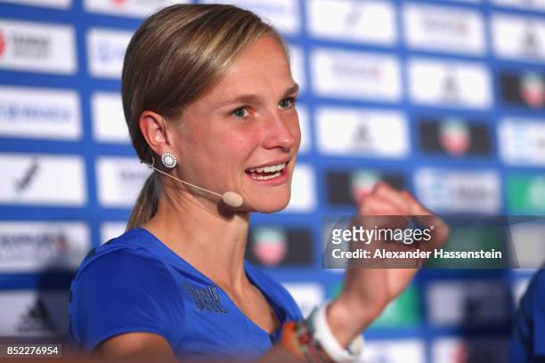 Anna Hahner attends a kids press conference at Hotel InterContinental Berlin ahead of the BMW Berlin Marathon 2017 on September 23, 2017 in Berlin,...
