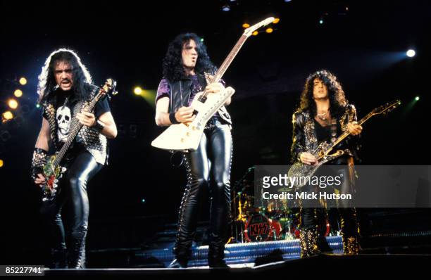 Photo of KISS and Bruce KULICK and Gene SIMMONS and Paul STANLEY, L-R: Gene Simmons, Bruce Kulick, Paul Stanley performing live onstage, without make...