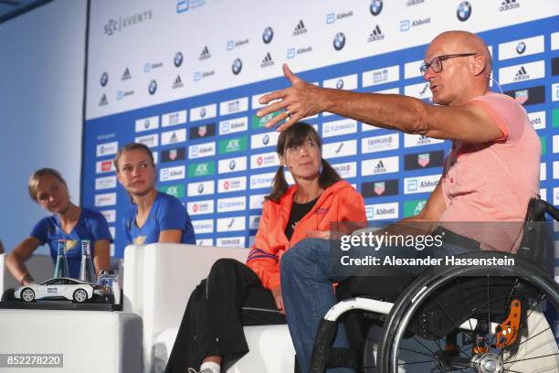 Anna Hahner attends with her sister Lisa Hahner, Uta Pippig and Heinz Frei a kids press conference at Hotel InterContinental Berlin ahead of the BMW...