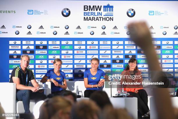 Anna Hahner attends with her sister Lisa Hahner and Uta Pippig a kids press conference at Hotel InterContinental Berlin ahead of the BMW Berlin...