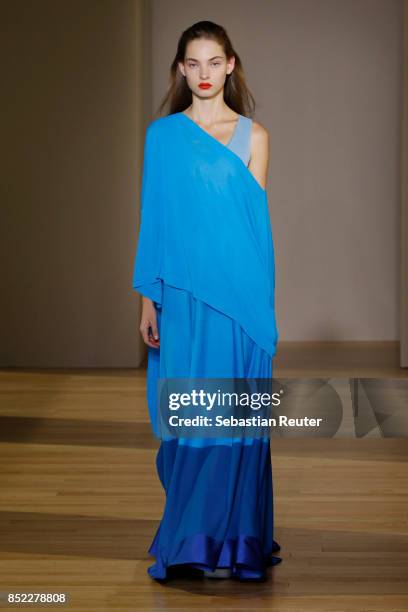 Model walks the runway at the Agnona show during Milan Fashion Week Spring/Summer 2018 on September 23, 2017 in Milan, Italy.