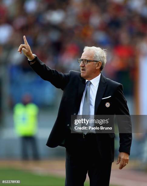 Udinese Calcio head coach Luigi Del Neri gestures during the Serie A match between AS Roma and Udinese Calcio at Stadio Olimpico on September 23,...