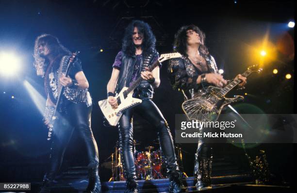 Photo of Gene SIMMONS and Paul STANLEY and KISS and Bruce KULICK, L-R: Gene Simmons, Bruce Kulick, Paul Stanley performing live onstage, without make...