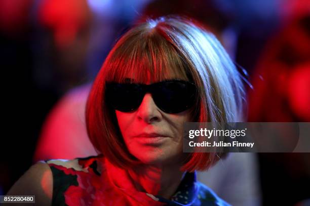 Anna Wintour watches as Rafael Nadal of Team Europe plays his singles match against Jack Sock of Team World on Day 2 of the Laver Cup on September...