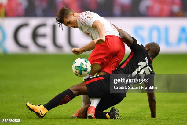 Marcel Sabitzer of Leipzig fights for the ball with Jetro Willems of Frankfurt during the Bundesliga match between RB Leipzig and Eintracht Frankfurt...