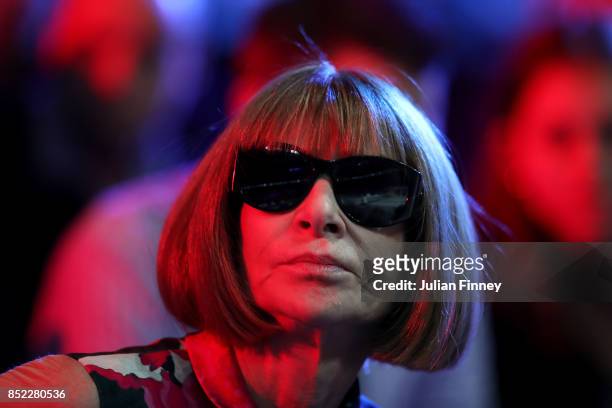 Anna Wintour watches as Rafael Nadal of Team Europe plays his singles match against Jack Sock of Team World on Day 2 of the Laver Cup on September...