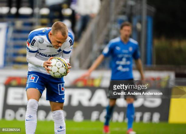 Gudmundur Thórarinsson of IFK Norrkoping takes out his frustration at the ball at Orjans Vall on September 23, 2017 in Halmstad, Sweden.