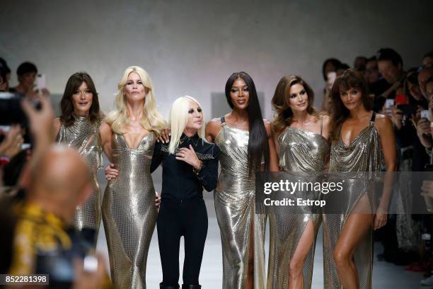 Carla Bruni, Claudia Schiffer, Naomi Campbell, Cindy Crawford, Helena Christensen & Donatella Versace at the Versace show during Milan Fashion Week...