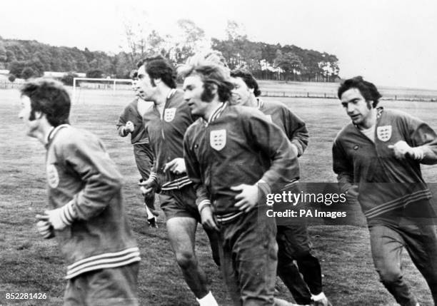 England players Kevin Hector, Mike Channon, Peter Shilton, Tony Currie, Ray McFarland and Norman Hunter during an early morning training session at...