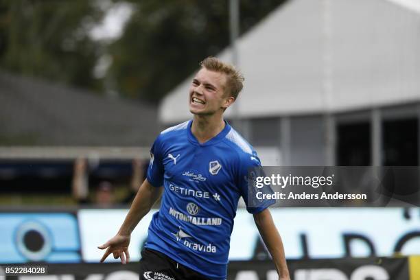 Alexander Berntsson of Halmstad BK celebrates after scoring at Orjans Vall on September 23, 2017 in Halmstad, Sweden.