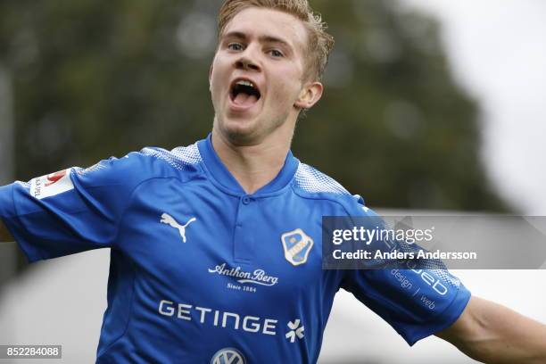 Alexander Berntsson of Halmstad BK celebrates after scoring at Orjans Vall on September 23, 2017 in Halmstad, Sweden.