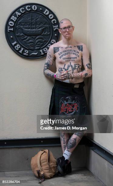 Man in a kilt at the London Tattoo convention at Tobacco Dock on September 23, 2017 in London, England. Over 400 tattoo artists are attending the...