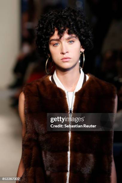 Model walks the runway at the Simonetta Ravizza show during Milan Fashion Week Spring/Summer 2018 on September 23, 2017 in Milan, Italy.