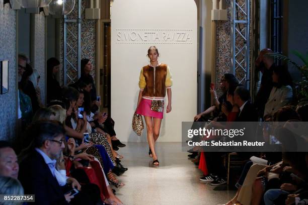 Model walks the runway at the Simonetta Ravizza show during Milan Fashion Week Spring/Summer 2018 on September 23, 2017 in Milan, Italy.