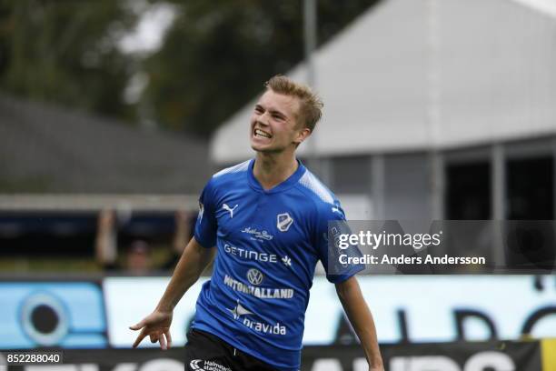 Corrected caption* Tryggvi Hrafn Haraldsson of Halmstad BK celebrates after scoring at Orjans Vall on September 23, 2017 in Halmstad, Sweden.