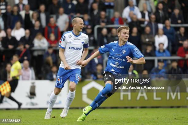 Tryggvi Hrafn Haraldsson of Halmstad BK and Andreas Johansson of IFK Norrkoping at Orjans Vall on September 23, 2017 in Halmstad, Sweden.