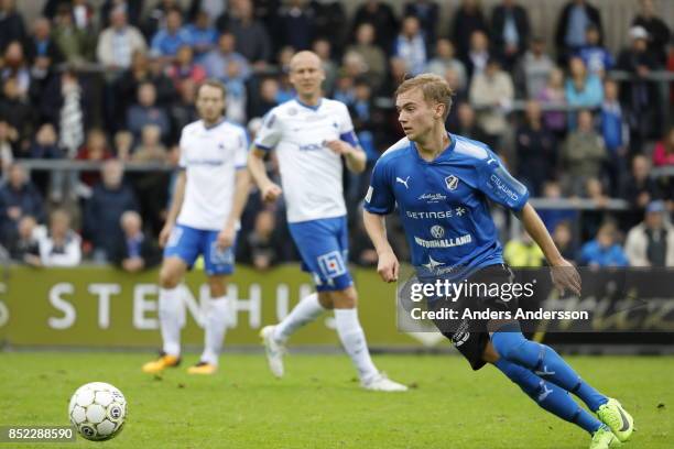 Tryggvi Hrafn Haraldsson of Halmstad BK runs with the ball at Orjans Vall on September 23, 2017 in Halmstad, Sweden.