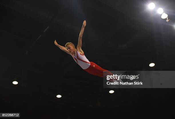 Tyler Cole-Dyer of Great Britain competes during the Trampoline, Tumbling & DMT British Championships at the Echo Arena on September 23, 2017 in...