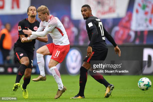 Timothy Chandler of Frankfurt, Timo Werner of Leipzig and Kevin Prince-Boateng of Frankfurt during the Bundesliga match between RB Leipzig and...