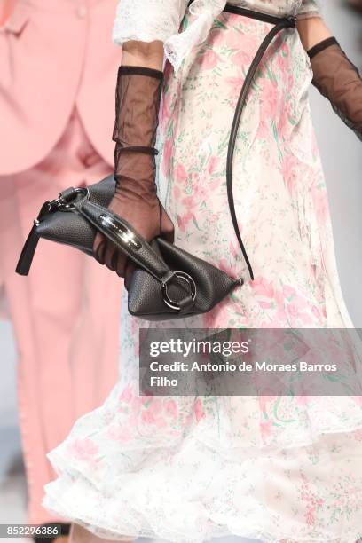 Model walks the runway, detail, at the Ermanno Scervino show during Milan Fashion Week Spring/Summer 2018 on September 23, 2017 in Milan, Italy.