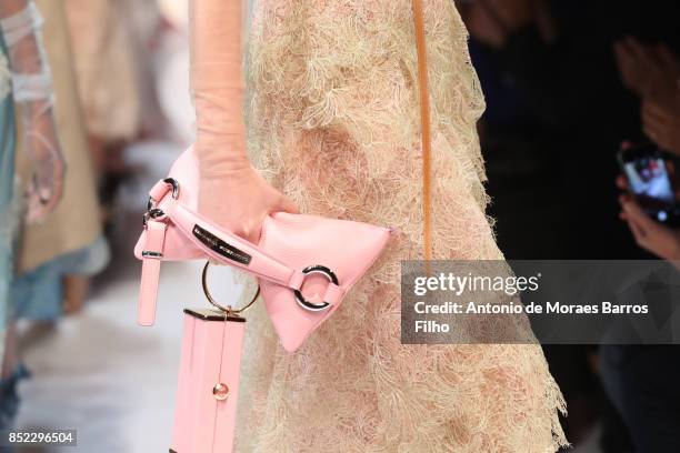 Model walks the runway, detail, at the Ermanno Scervino show during Milan Fashion Week Spring/Summer 2018 on September 23, 2017 in Milan, Italy.