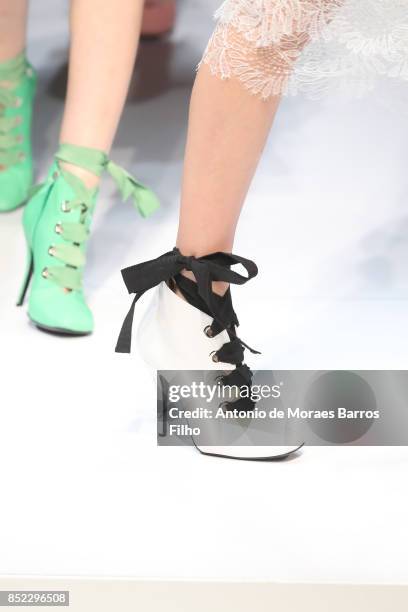 Model walks the runway, detail, at the Ermanno Scervino show during Milan Fashion Week Spring/Summer 2018 on September 23, 2017 in Milan, Italy.