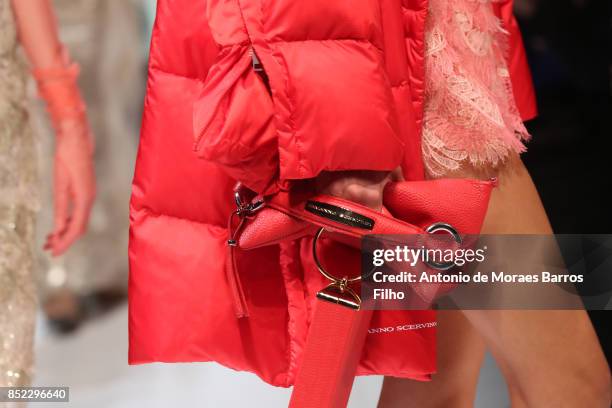 Model walks the runway, detail, at the Ermanno Scervino show during Milan Fashion Week Spring/Summer 2018 on September 23, 2017 in Milan, Italy.