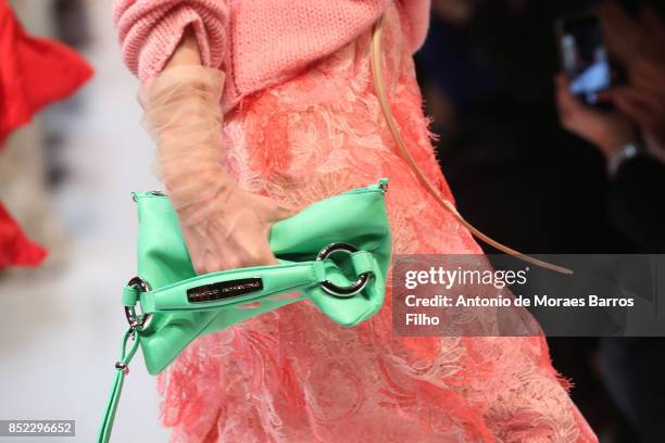 Model walks the runway, detail, at the Ermanno Scervino show during Milan Fashion Week Spring/Summer 2018 on September 23, 2017 in Milan, Italy.