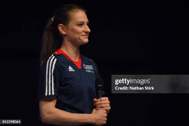 Bryony Page of Great Britain is interviewed during the Trampoline, Tumbling & DMT British Championships at the Echo Arena on September 23, 2017 in...