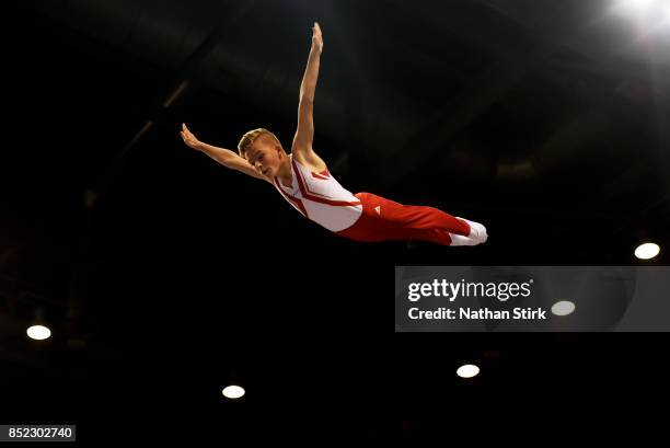 Tyler Cole-Dyer of Great Britain competes during the Trampoline, Tumbling & DMT British Championships at the Echo Arena on September 23, 2017 in...