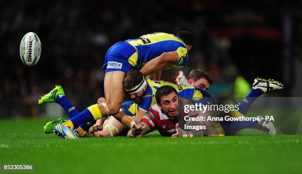 Wigan Warriors' Harrison Hansen appeals to the referee after losing control of the ball in a tackle during the Super League Grand Final at Old...