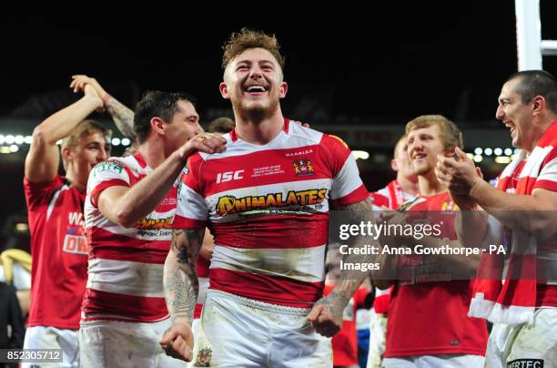 Wigan Warriors' Josh Charnley celebrates after winning the Super League Grand Final at Old Trafford, Manchester.