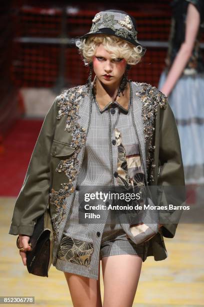 Model walks the runway at the Antonio Marras show during Milan Fashion Week Spring/Summer 2018 on September 23, 2017 in Milan, Italy.
