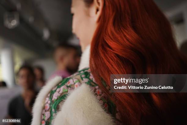 Model is seen backstage ahead of the Blumarine show during Milan Fashion Week Spring/Summer 2018 on September 23, 2017 in Milan, Italy.