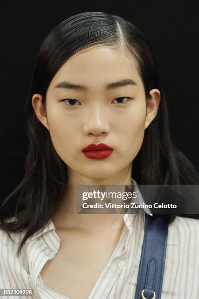 Model is seen backstage ahead of the Blumarine show during Milan Fashion Week Spring/Summer 2018 on September 23, 2017 in Milan, Italy.