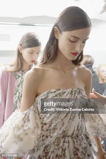 Models are seen backstage ahead of the Blumarine show during Milan Fashion Week Spring/Summer 2018 on September 23, 2017 in Milan, Italy.