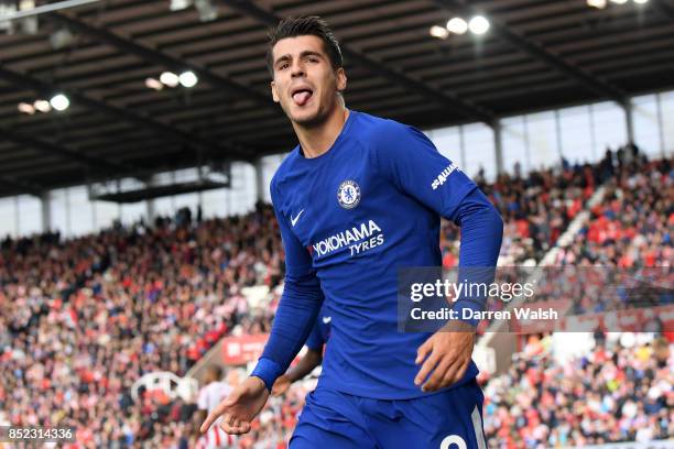 Alvaro Morata of Chelsea celebrates scoring his sides third goal during the Premier League match between Stoke City and Chelsea at Bet365 Stadium on...