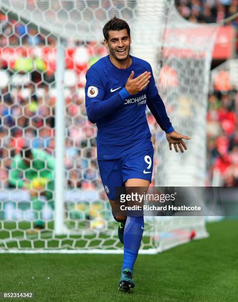 Alvaro Morata of Chelsea celebrates scoring his sides third goal during the Premier League match between Stoke City and Chelsea at Bet365 Stadium on...