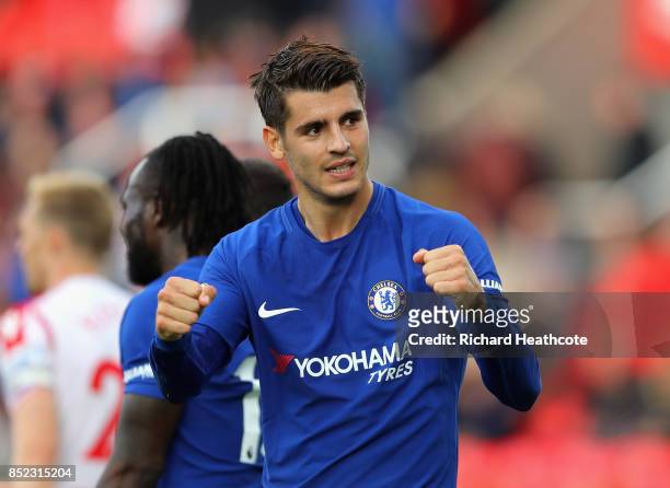 Alvaro Morata of Chelsea celebrates scoring his sides fourth goal during the Premier League match between Stoke City and Chelsea at Bet365 Stadium on...