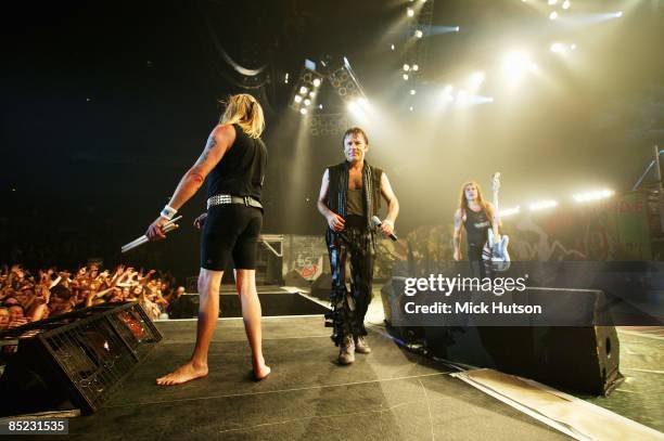 Photo of Bruce DICKINSON and Nicko McBRAIN and IRON MAIDEN, Nicko McBrain, Bruce Dickinson, Steve Harris performing live onstage