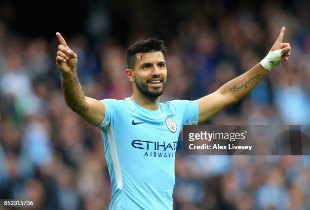 Sergio Aguero of Manchester City celebrates scoring his sides fourth goal during the Premier League match between Manchester City and Crystal Palace...