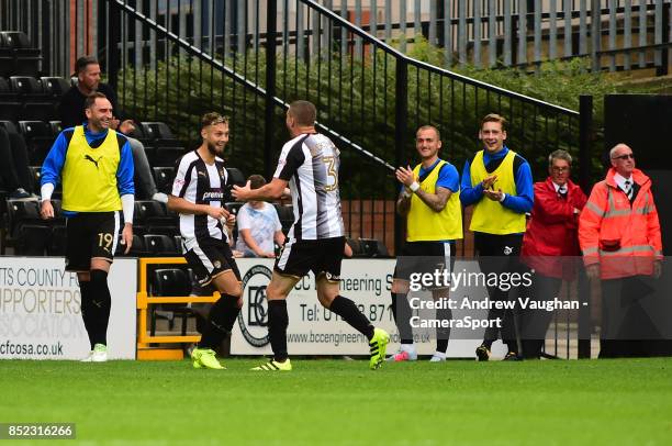 Notts County's Jorge Grant celebrates scoring his sides third goal during the Sky Bet League Two match between Notts County and Lincoln City at...