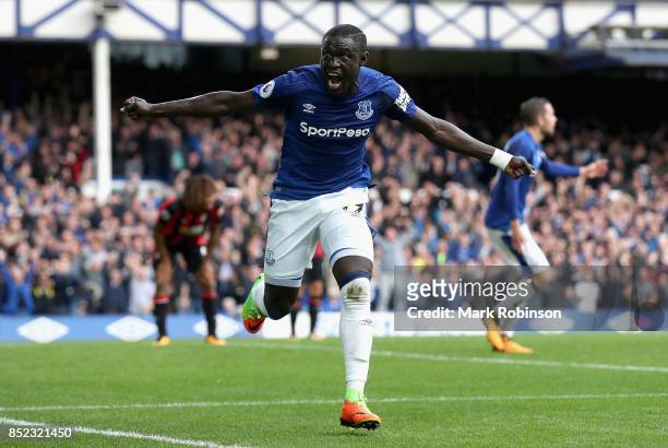 Oumar Niasse of Everton celebrates scoring his side's second goal during the Premier League match between Everton and AFC Bournemouth at Goodison...