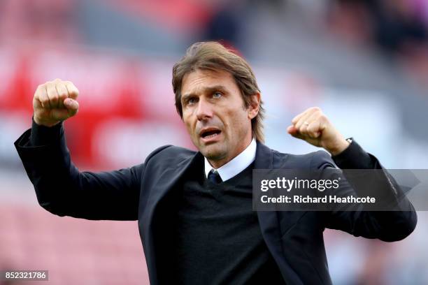 Antonio Conte, Manager of Chelsea celebrates his side's 4-0 victory after the Premier League match between Stoke City and Chelsea at Bet365 Stadium...