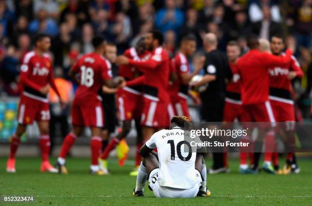 Tammy Abraham of Swansea City shows dejection after his side's 1-2 defeat in the Premier League match between Swansea City and Watford at Liberty...