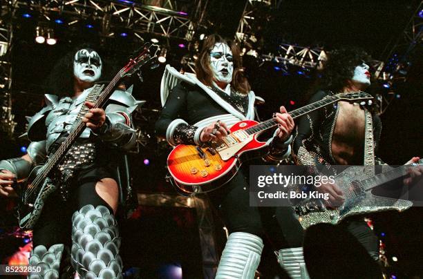 Photo of Paul STANLEY and KISS and Gene SIMMONS and Ace FREHLEY, L-R: Gene Simmons, Ace Frehley , Paul Stanley performing live onstage