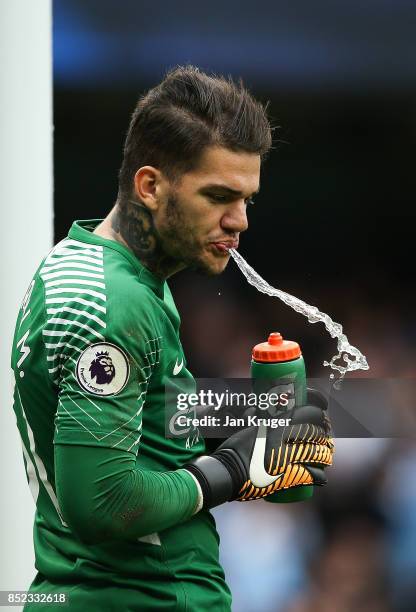 Ederson Moraes of Manchester City during the Premier League match between Manchester City and Crystal Palace at Etihad Stadium on September 23, 2017...