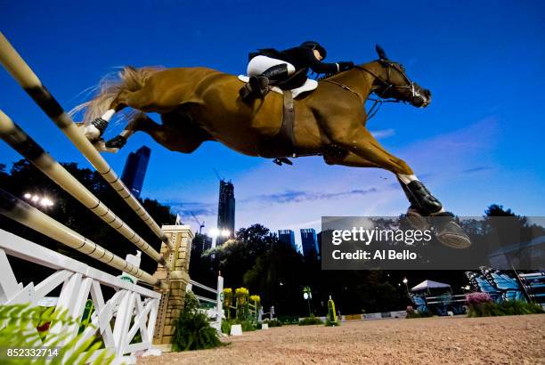 Sydney Shulman is up on Curby Du Seigner competing during the Rolex Central Park Horse Show at Central Park on September 22, 2017 in New York City.