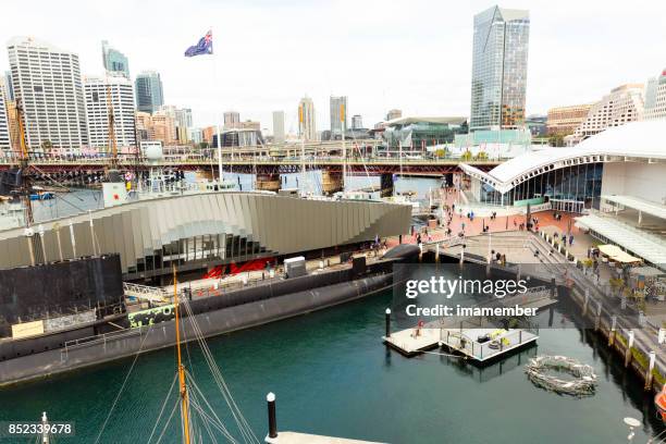 darling harbour and sydney skyline, background with copy space - darling harbour stock pictures, royalty-free photos & images